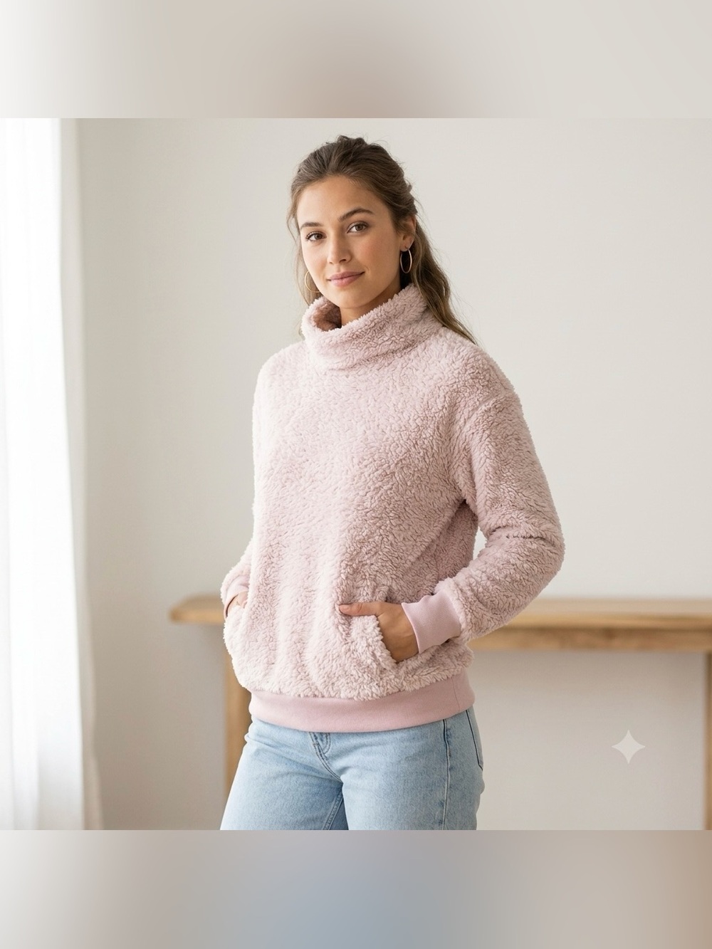 Winners Fuzzy Teddy Long Sleeve Turtleneck Sweater Womens Size M Winter